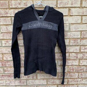 Calvin Klein Jeans Black and Gray Ribbed Hooded Nostaligic Sweater